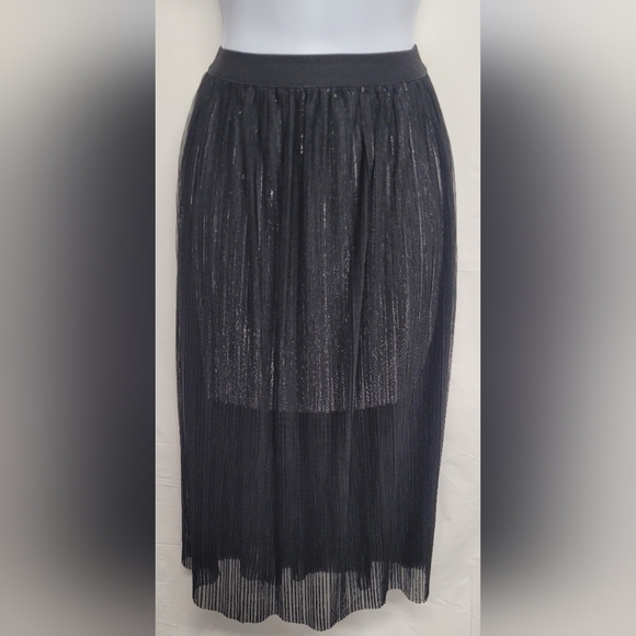 Forever 21 M Black Silver Metallic Mini Skirt Long Sheer Overlay Elastic Waist - Picture 1 of 5